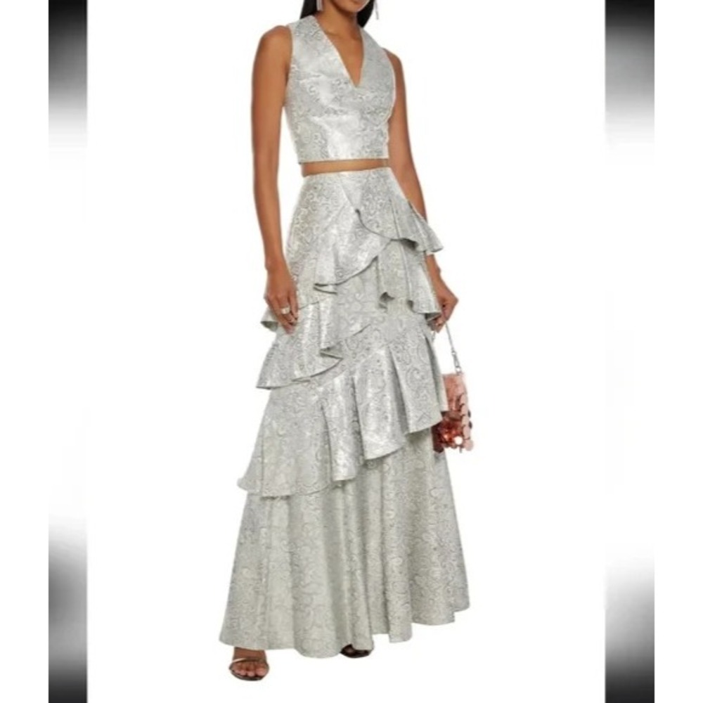 Alice + Olivia Flossie Silver Brocade Tiered Ruffle Maxi Ball Gown Skirt Size 6
